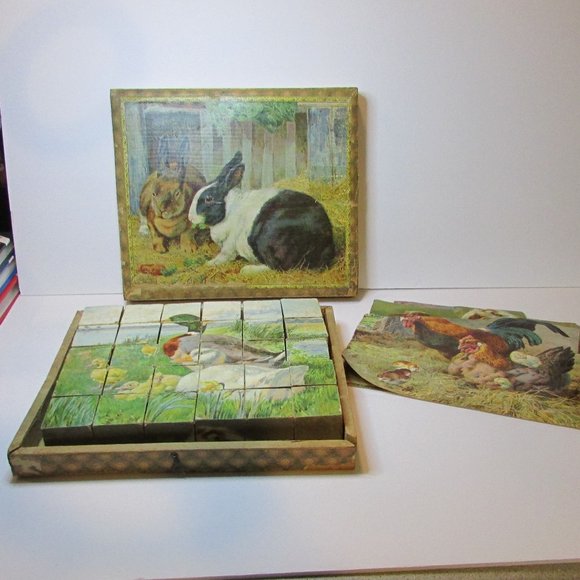 antique farm animals 30 pc block puzzle with orginal box 6 different puzzles - Picture 1 of 16
